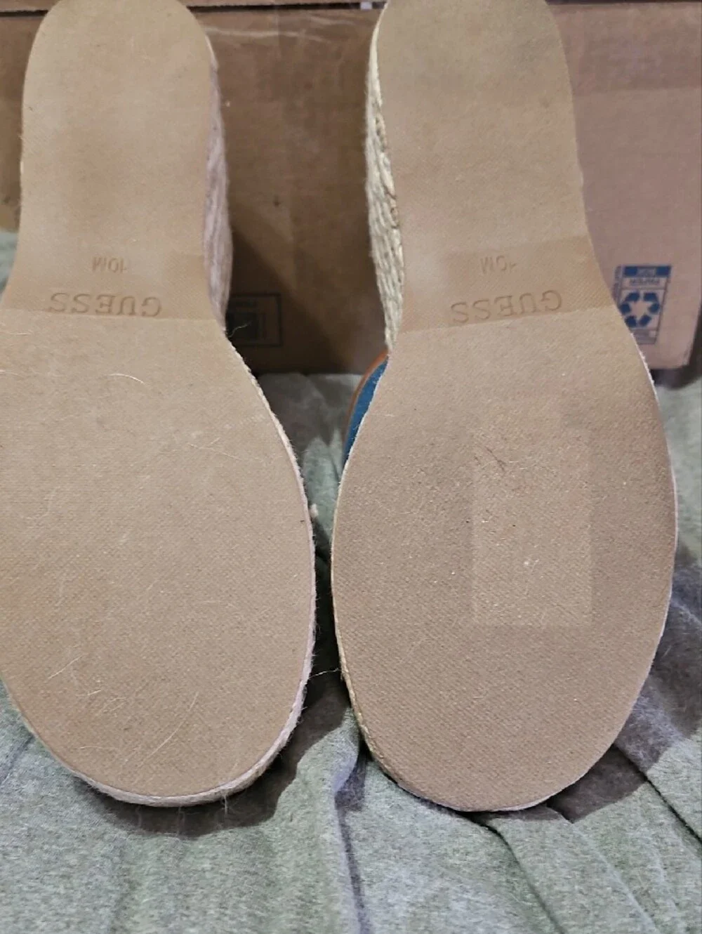 Guess Blue Denim and Tan Platform Espadrille Slide Sandals